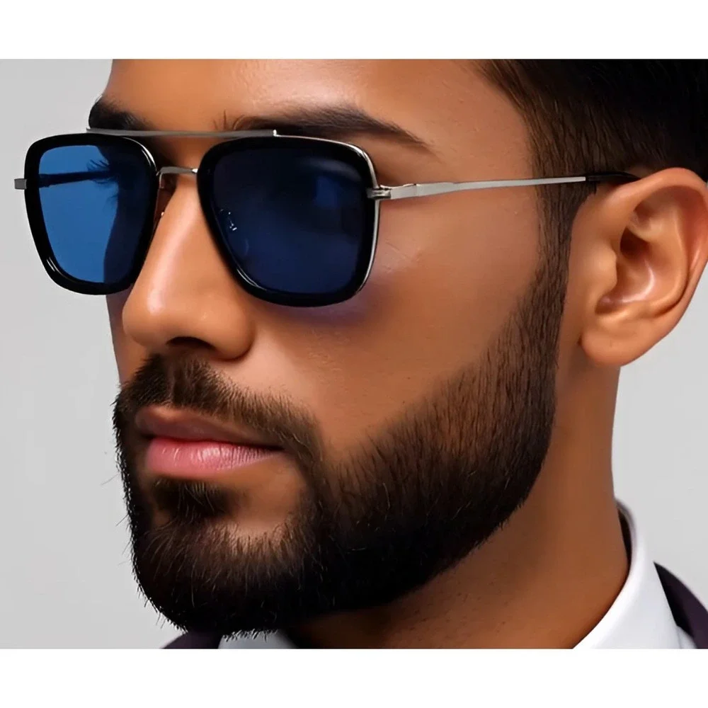 Square Sunglasses Blue Lens Silver Frame Mens Fashion Sun Glasses Classic Lentes